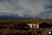 Tetons and cabin. Photo by Arnold Brokling.