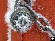 Hoar frost on metal lock. Photo by Dawn Ballou, Pinedale Online.
