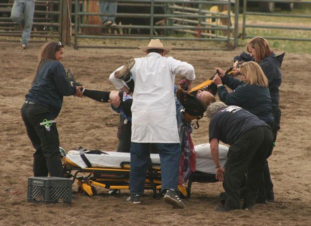 On the stretcher. Photo by Dawn Ballou, Pinedale Online.