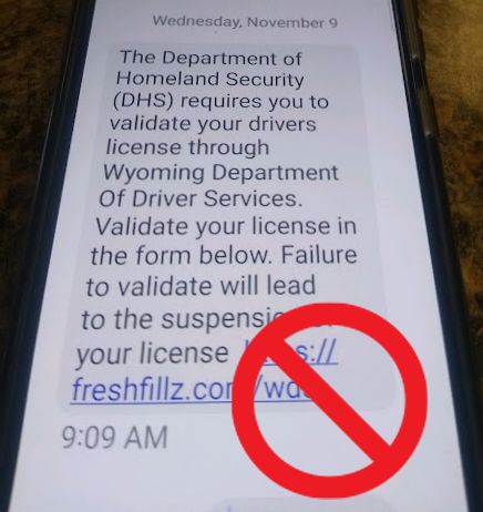 Scam text. Photo by Wyoming Department of Transportation.