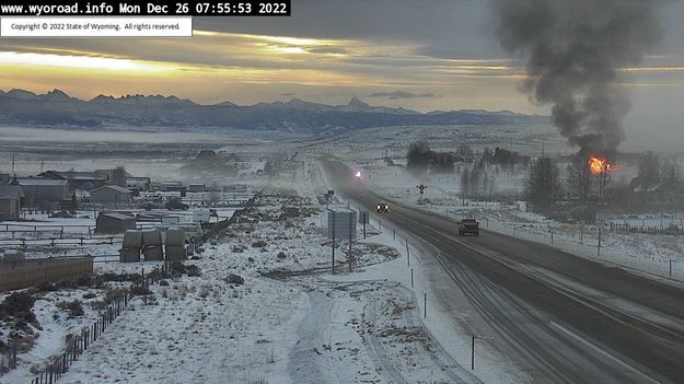 Fire near the Cora Junction. Photo by WYDOT.